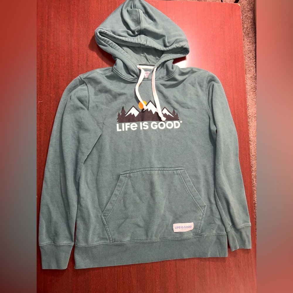 Life Is Good Teal Hoodie with Mountain Design